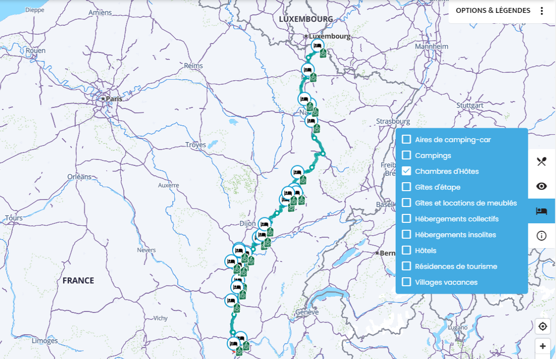 Carte de La Voie Bleue, Moselle-Saône à vélo. Affichage Accueil Vélo