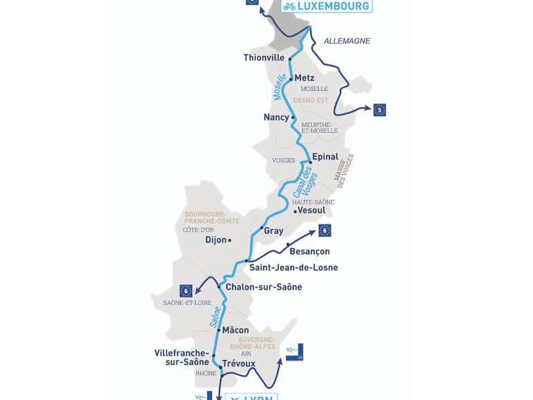 La Voie Bleue véloroute, carte de l'itinéraire